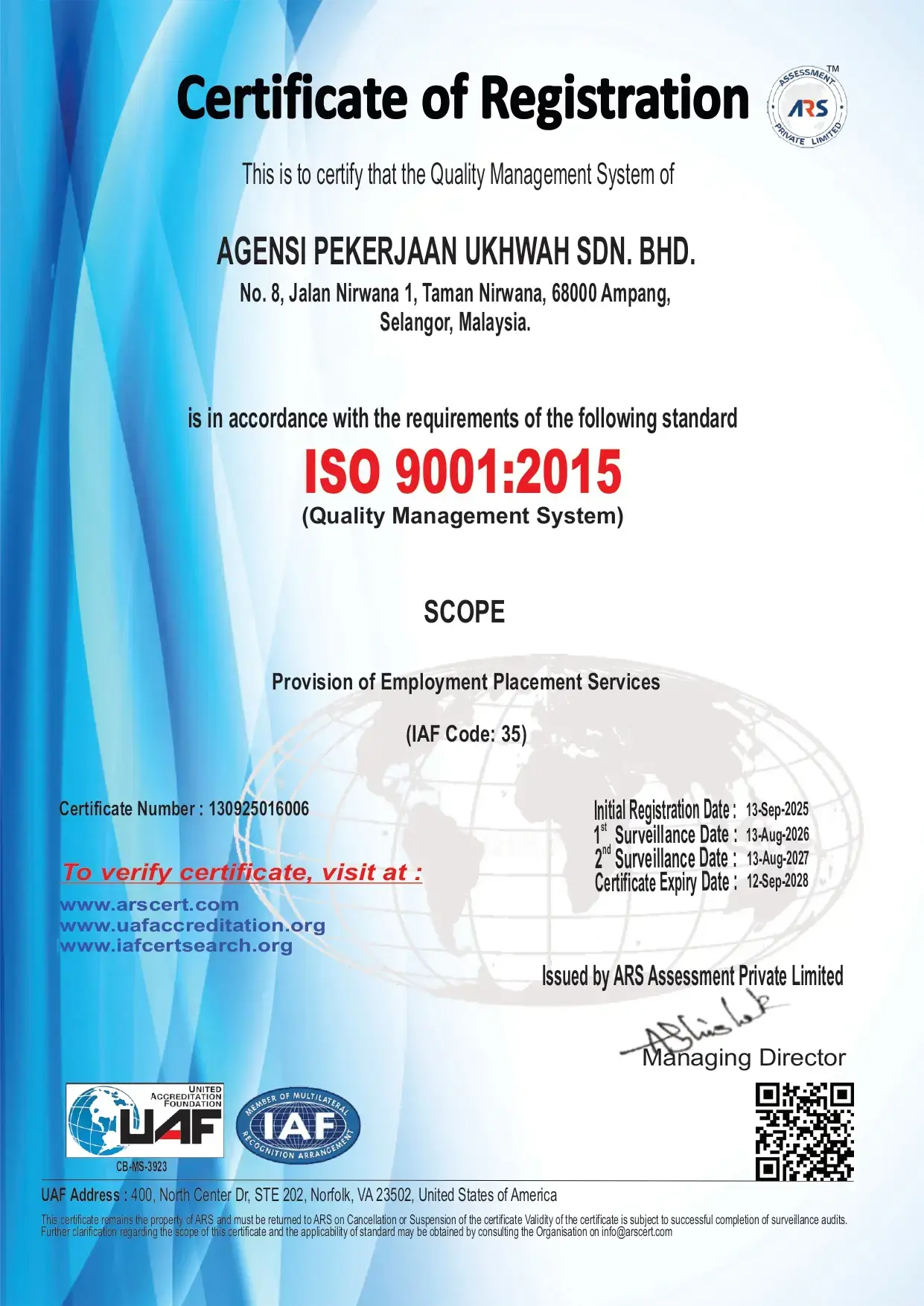 AP Andaraya ISO 9001:2015 Quality Management System Certificate