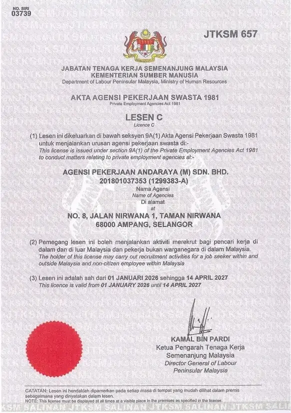 JTKSM Licence C No. 657 — Ap AnDaRaya Sdn Bhd